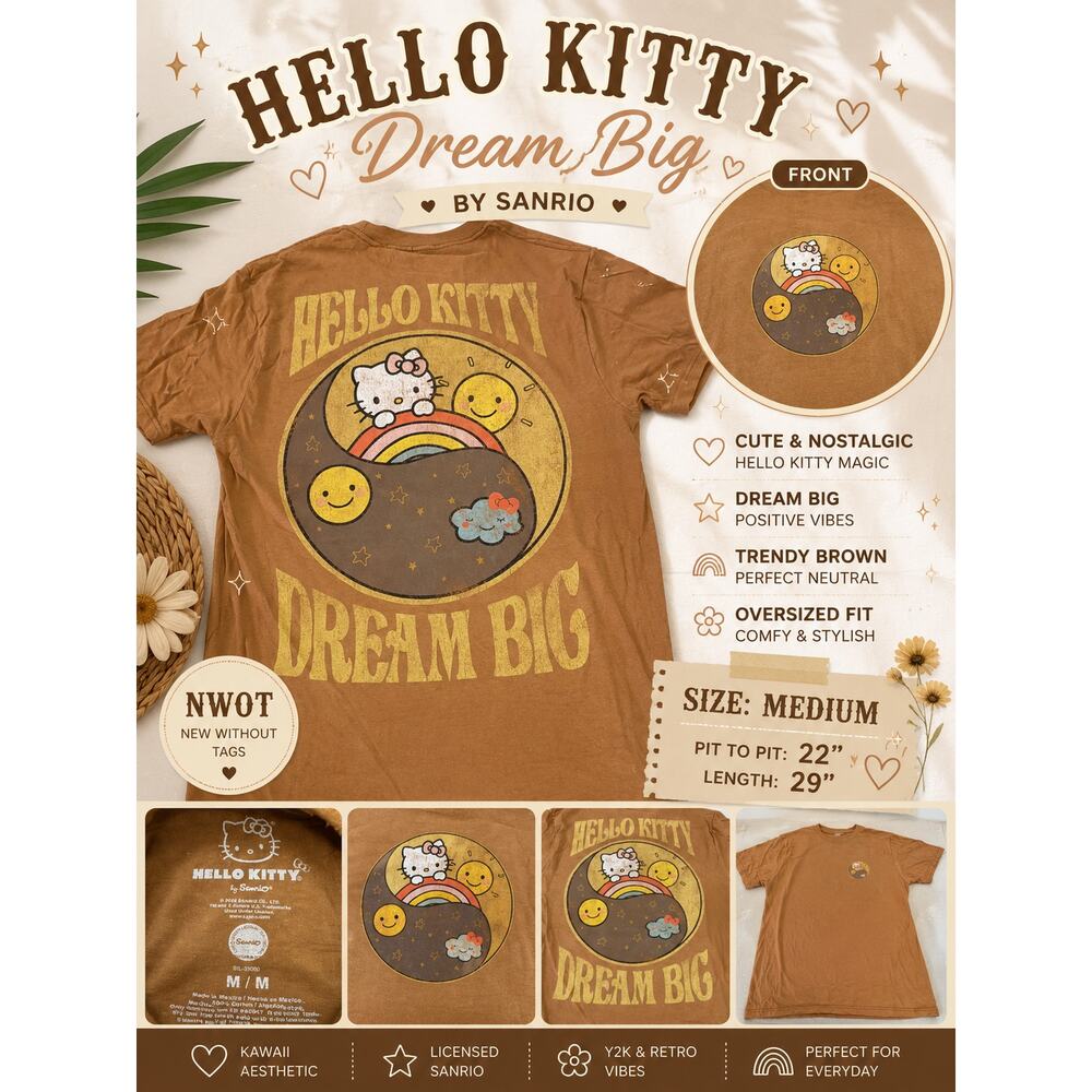 Hello Kitty Dream Big Graphic Tee Brown Sanrio 2024 Oversized Medium NWOT